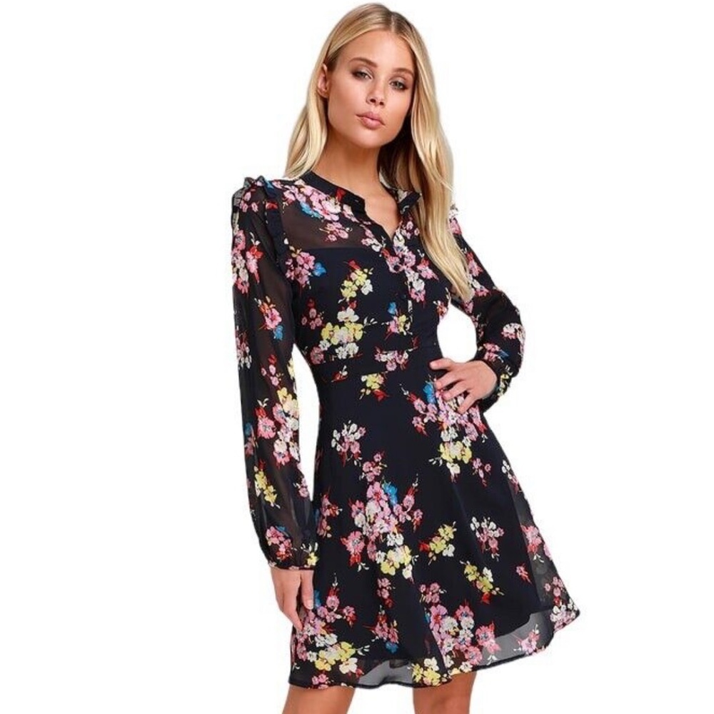 Lulu’s In the Flowers Navy Blue Floral Print Long Sleeve Skater Dress XL